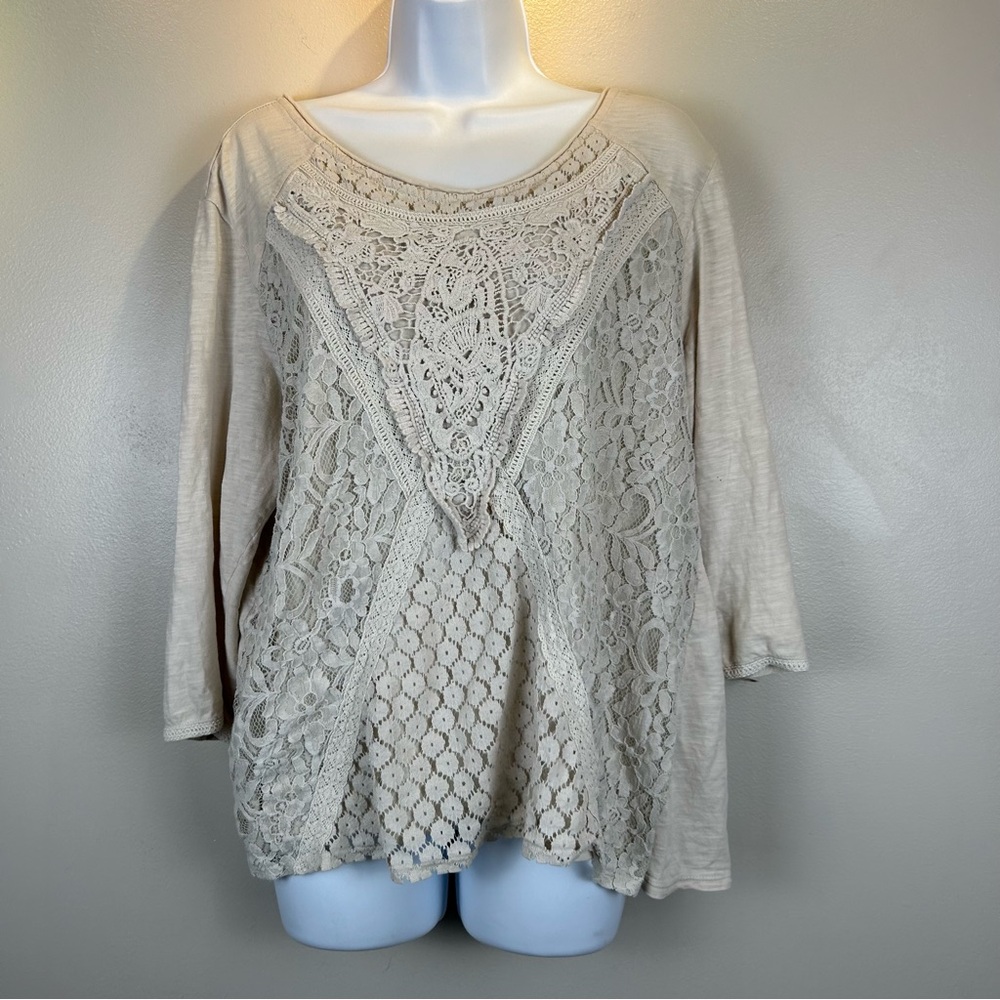 Multiplesโ Crochet Lace Top Womens XL Beige Cotton Cottagecore Lagenlook Boho